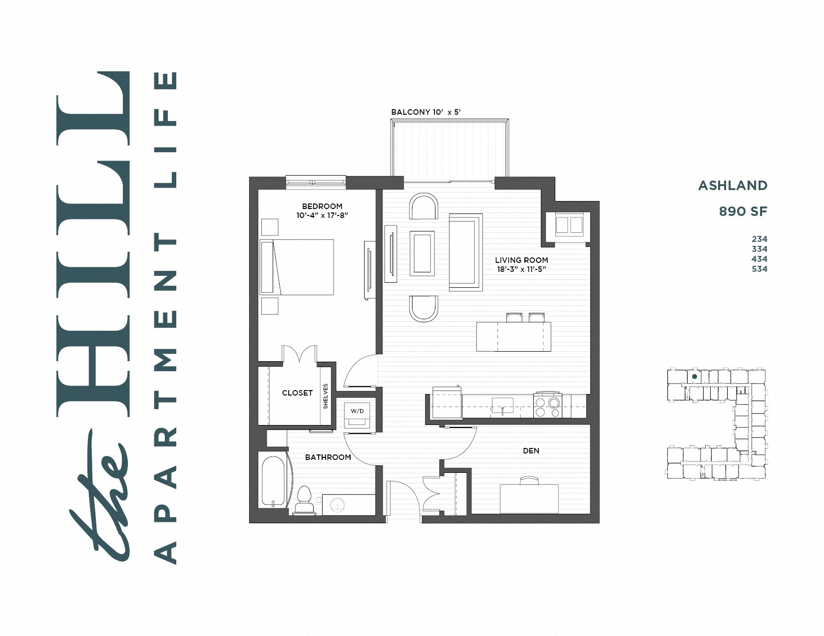 Floor plan for 1 bed, 1 bath, 890 sqft